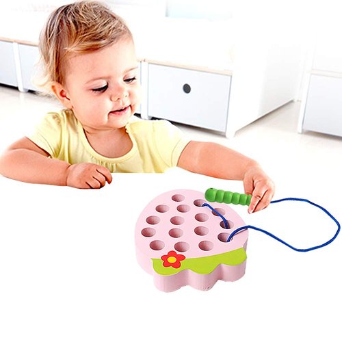 Skrtuan Wooden Lacing Threading Toys Wood Block Puzzle Car Airplane Travel Game Montessori Early Development Fine Motor Skills Educational Gift for 3 4 5 Years Old Toddlers Baby Kids, 1 Strawberry