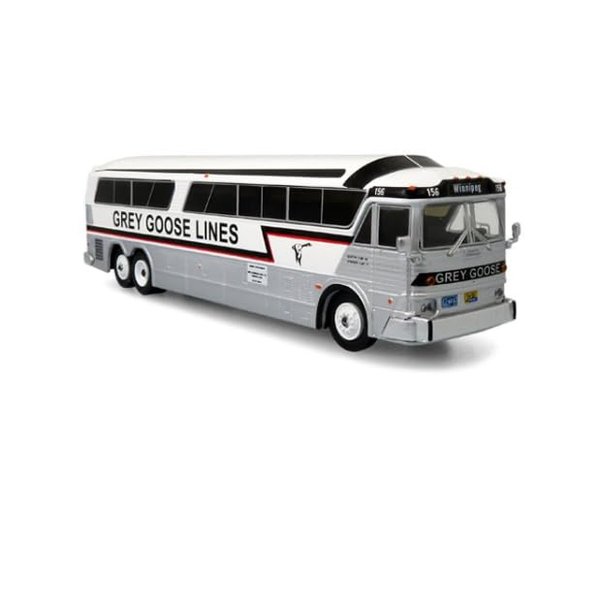 MCI MC-7 Challenger Intercity Coach Grey Goose Lines Winnipeg (Canada) White and Silver with Stripes Vintage Bus & Motorcoach Collection 1/87 (HO) Diecast Model by Iconic Replicas 87-0335