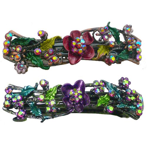 Set of 2 JCGY Medium Size Barrettes Flower and Butterfly Sparkling Crystal Hand Painted Hair Clips for Women U86900-2purple/burgundy