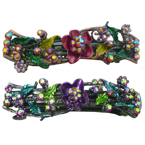Set of 2 JCGY Medium Size Barrettes Flower and Butterfly Sparkling Crystal Hand Painted Hair Clips for Women U86900-2purple/burgundy
