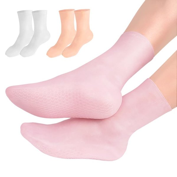 MoyRetty 3 Pairs Silicone Moisturizing Socks,Silicone Socks for Dry Cracked feet Women,Long Size,Spa Gel Socks Foot Care After Pedicure,High Elastic & Anti Slip(Pink & Beige & White)