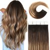 VINBAO Tape in Hair Extensions Human Hair Skin Weft Hair Extensions 1B Natural Black Fading to 4 Chocolate Brown and 27 Honey Blonde Hair Extensions 20pcs 50g Tape in Hair Extensions(22inch, #1B/4/27)