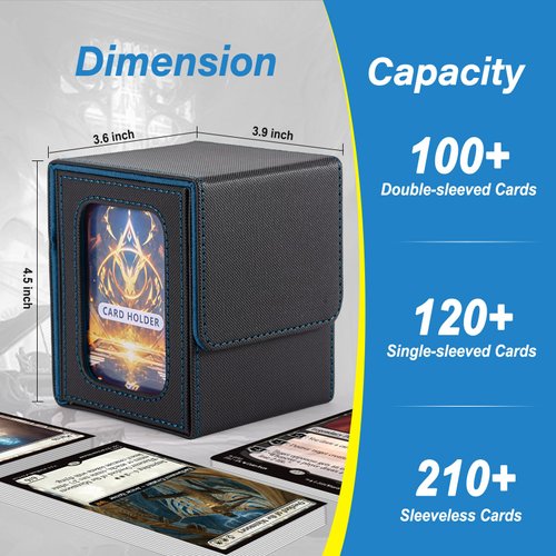 MTG Deck Box, Double Display Window Deck Box MTG, Commander Deck Box Fits 120+ Single Sleeved Cards, PU Leather Magnetic Closure Card Deck Box with 2 Dividers&2 Toploaders for TCG, CCG, Black/Blue