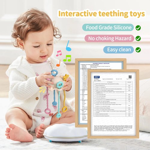 Montesorri-Toys - Montessori Pull String Toy - Made of 100% Food Grade Silicone with Built-in Rattle Function and Easy to Clean Design (Cream Color)
