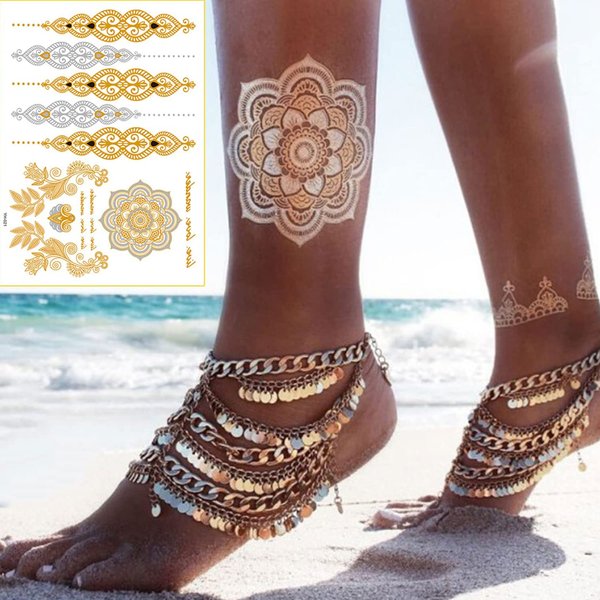 6 Sheets Gold Henna Temporary Tattoos for Women Girls Lace Fake Tattoo Stickers Mystery Sexy Mandala Flower Body Art Design Waterproof Henna Sticker DIY Birthday Party Supplies Favors Goddess Look