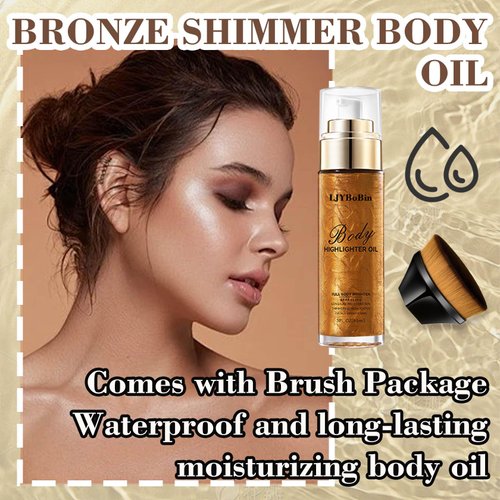 Bronze Shimmer Body Oil with Brush Kit,Waterproof Long Lasting Moisturizing Body Oil for Shimmering Skin on Any Part of The Body,Smooth Non-Sticky Summer Body Shimmer Oil for All Skin Types