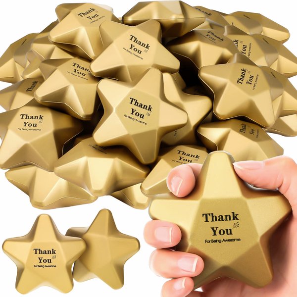 24 Pieces 3.1 Inch Star Stress Balls Gold Star Mini Foam Ball Star Stress Toys Bulk Stress Relief Gifts for Coworkers Adult Goodie Bag Stuffers Teen Party Favors School Office Award (Thank)
