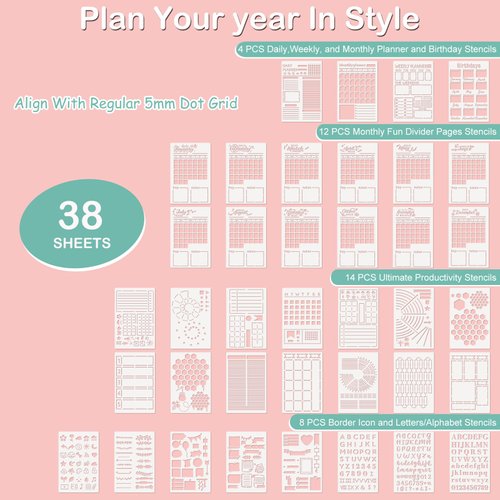 Whaline 38Pcs Bullet Journal Stencils Templates Set 5.1 x 7.9 Inch Bullet Journals Accessories Planner Stencils for DIY Crafts Home School Office A5 Journals Supplies