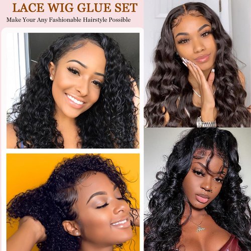 Lace Wig Glue, Missicee Wig Glue Lace Glue for Lace Front Wigs, Strong Hold Lace Front Wig Adhesive Glue Kit with Hair Styling Tools- Wig Glue Remover/Hair Wax Stick/Edge Control Gel/Elastic Band