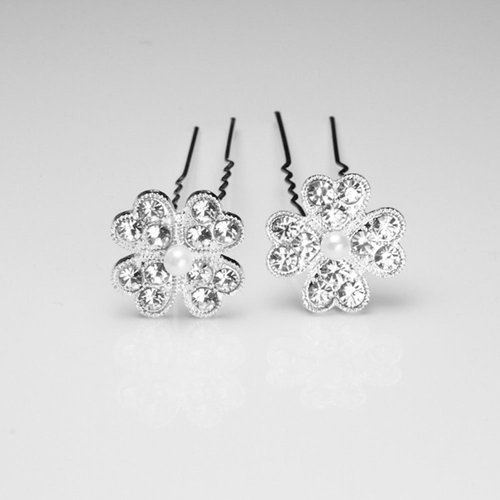Silver Rhinestone Flower with Mini Pearl Center Bridal Hair Pin - Set Of 2