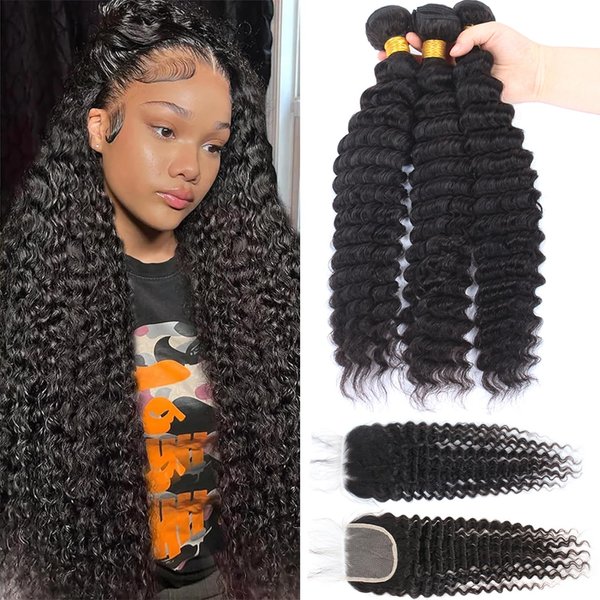 12A Brazilian Virgin Deep Wave Hair 3 Bundles with Closure (18 20 22+16"Closure) 100% Unprocessed Virgin Brazilian Pineapple Wave Bundles with Closure Natural Color