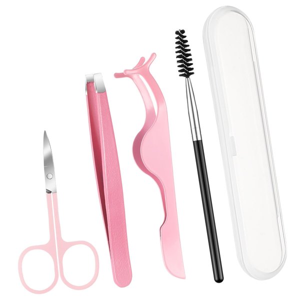 Lasnten DIY Eyelash Applicator Tool Set, Lash Tweezers for Eyelash Extensions, Stainless Steel False Eyelash Scissors, Lash Cluster Tweezer, Eyebrow Curler, Lash Brush with Box(Pink)