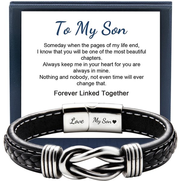 To My Son Bracelet from Mom & Dad Men’s Bracelets for Son Black Bracelet Leather “Forever Linked With My Son” Handmade Men's Braided Rope Bracelets, Back to School Gift, Teenage Boy Birthday Gift