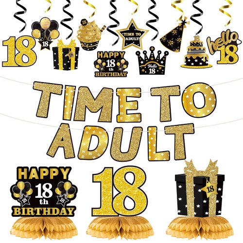 WATINC 26pcs 18th Glitter Black Gold Birthday Banner Party Decorations, Time To Adult 18 Birthday Decorations Hanging Swirls Banner Honeycomb Centerpieces for Boys Girls Happy 18 Years Old Bday Party