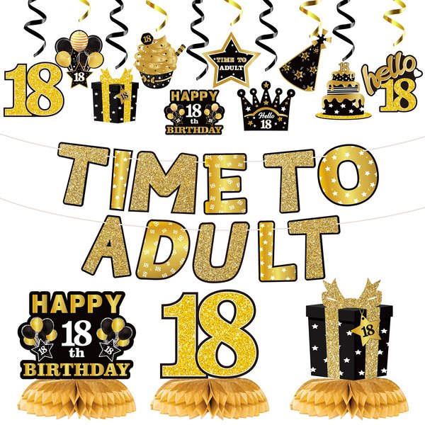 WATINC 26pcs 18th Glitter Black Gold Birthday Banner Party Decorations, Time To Adult 18 Birthday Decorations Hanging Swirls Banner Honeycomb Centerpieces for Boys Girls Happy 18 Years Old Bday Party