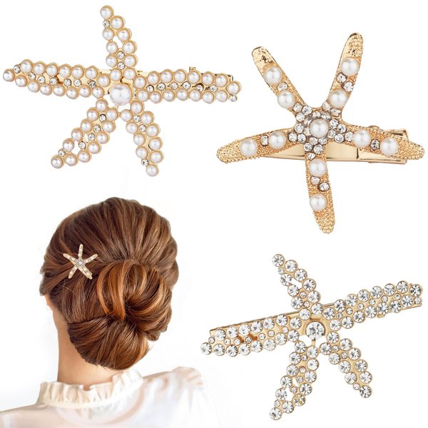 3pcs Starfish Hairpins, Elegant Rhinestone Starfish Barrette Clip Pearl Crystal Hair Clip Sea Star Hair Clips Starfish Hair Accessories for Women Girls (3 Styles)