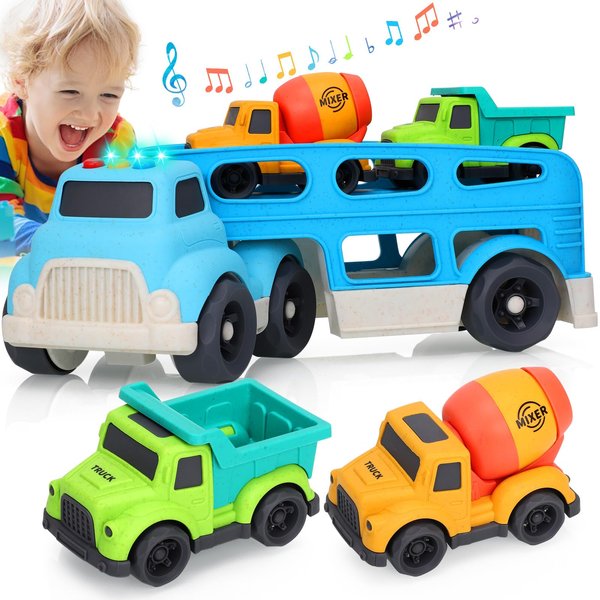 Toddler Toys for 1 2 3 4 Year Old Boys, Wheat Straw Toy Cars, No BPA Dump Truck, Mixer Cement, 3 in 1 Transport Carrier Trucks for Toddlers 2-4, Music Lights Learning Toy, Kids Christmas Birthday Gift