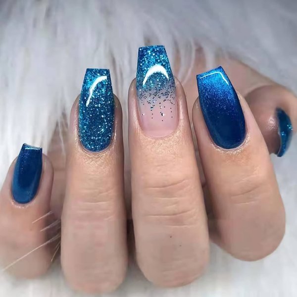 MISUD Medium Coffin Press on Nails, Blue Gradient Fake Nails, Glossy Glue on Nails, Glitter Artificial False Nails with Double Side Adhesive Tabs for Women & Girls (24pcs)