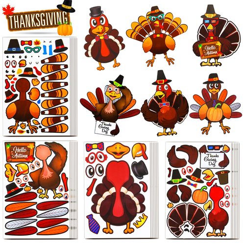 Eunvabir 24 Sheets Make-A-Turkey Stickers Thanksgiving Party Favors, Thanksgiving Crafts Gifts for Kids, DIY Activities Stickers for Fall Autumn Harvest Games Toys Decorations Friendsgiving