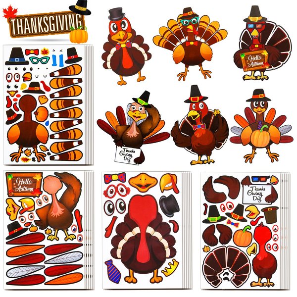 Eunvabir 24 Sheets Make-A-Turkey Stickers Thanksgiving Party Favors, Thanksgiving Crafts Gifts for Kids, DIY Activities Stickers for Fall Autumn Harvest Games Toys Decorations Friendsgiving
