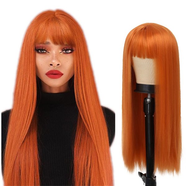 Swiking Orange Long Straight Women Wig with Bangs Heat Resistant Synthetic Wig Cosplay Party Halloween Costume Wigs