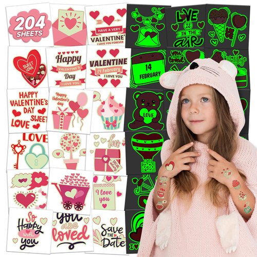 EMOME 204 PCS Individually Wrapped Luminous Valentine's Day Temporary Tattoo Kids, Glow Kiss Heart Tattoos Temporary for Women Kids, Valentine's Day Accessories Decorations Gifts Party Favors Supplies