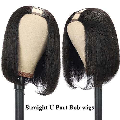 Amella Hair U Part Wig Human Hair Straight Bob Wigs For Black Women 10inch Brazilian Remy Hair Short Bob Human Hair Wigs Clip in U Part Wig Human Hair Extensions Natural Black Color