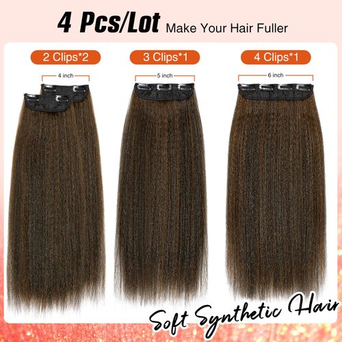 HANNE 22 Inch Kinky Straight Clip Ins Hair Extensions Clip ins for Women 4 Pieces/Lot Yaki Hair Seamless Kinky Clip ins Hair Extensions Clip ins for Daily or Party Use (M30, 22 Inch)