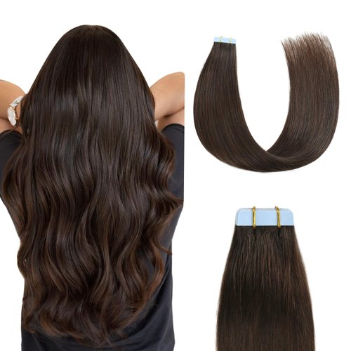 Sunya Tape in Hair Extensions Human Hair 18 inches Silky Straight Remy Human Hair Seamless Skin Weft Hair Extensions Tape in 18 inches #2 Dark Brown 50 Gram 20Pcs/Pack Thick Hair