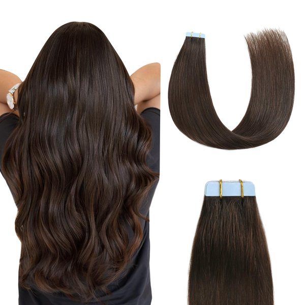 Sunya Tape in Hair Extensions Human Hair 18 inches Silky Straight Remy Human Hair Seamless Skin Weft Hair Extensions Tape in 18 inches #2 Dark Brown 50 Gram 20Pcs/Pack Thick Hair