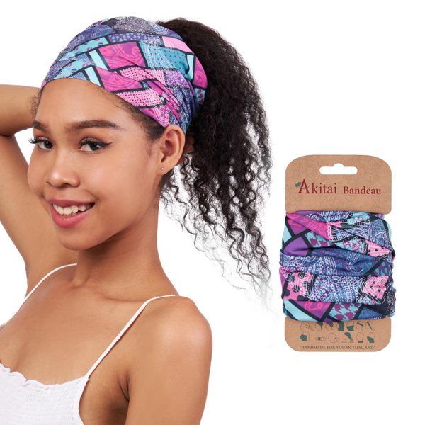 Akitai Headbands for Women - Boho Bandeau Headbands - Stylish Wide, Multipurpos, and Patterned Headbands - Geo Pink and Paisleys Pattern
