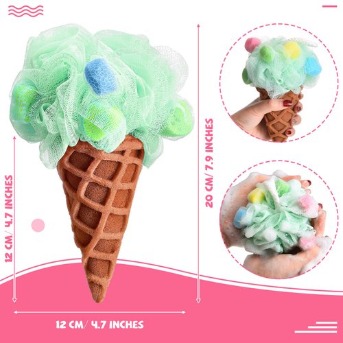 4 Pieces Kids Loofah Ice Cream Cone Bath Sponge Kids Bath Shower Sponge Body Scrubber Exfoliating Loofah for Kids Spa Shower