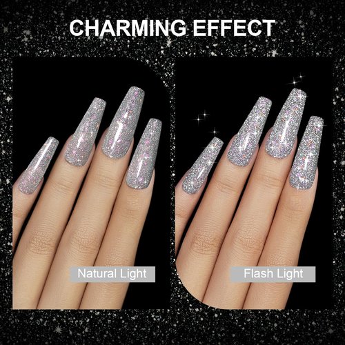 RARJSM Reflective Glitter Gel Polish Silver Sparkling Glitter Iridescent Shimmer Gel Polish Sparkle Diamond Gel Polish Holographic Gel Polish Soak off Nail Art Varnish Manicure for Salon DIY at Home