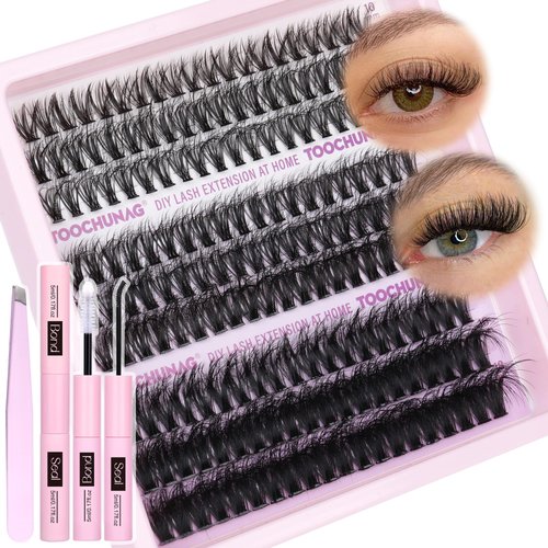 TOOCHUNAG Fluffy Lash Clusters Kit Wispy Lash Extension Kit DIY 30+40+50D Cluster Eyelash Extensions Kit 10-18mm D Curl Eyelash Clusters with Individual Lashes Bond and Seal