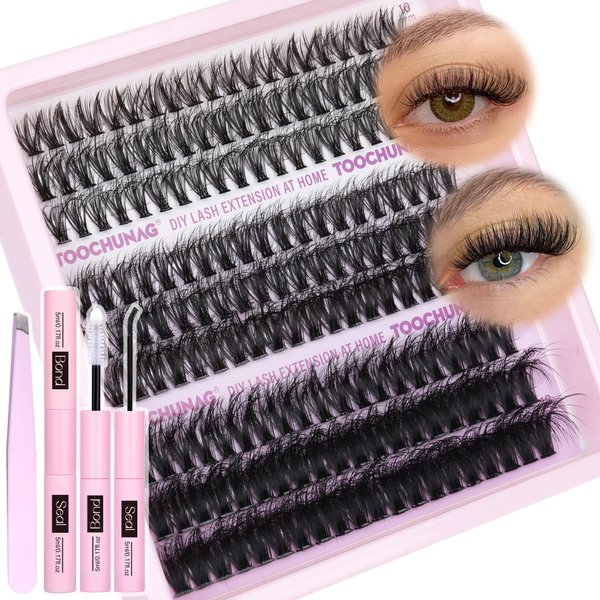 TOOCHUNAG Fluffy Lash Clusters Kit Wispy Lash Extension Kit DIY 30+40+50D Cluster Eyelash Extensions Kit 10-18mm D Curl Eyelash Clusters with Individual Lashes Bond and Seal