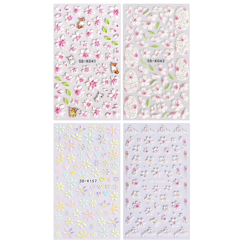 JMEOWIO 3D Embossed Flower Nail Art Stickers Decals Self-Adhesive Pegatinas Uñas 5D Summer Spring Floral Nail Supplies Nail Art Design Decoration Accessories 4 Sheets