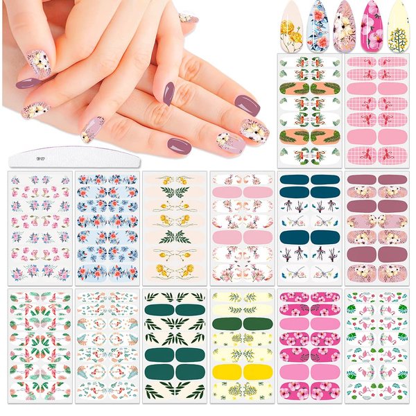 XEAOHESY 196 Pieces 14 Sheets Spring Nail Wraps Flower Nail Polish Strips Stickers Self-Adhesive Flamingo Leaf Nail Strips Gel Nail Stickers for Nails Full Nail Wraps for Women with Nail File