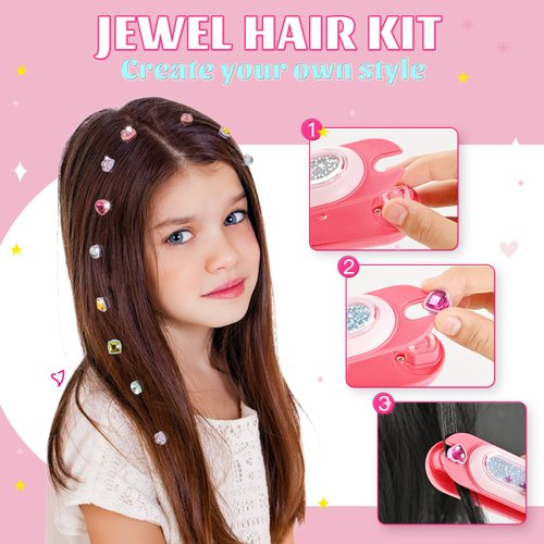 Hair Gem Stamper Kit with Temporary Hair Chalk,Washable Hair Chalk for Girls, Hair Styling Tool with Reusable Shining Diamonds Hair Color Dye, Gifts for Girls Ages 3 4 5 6 8-12