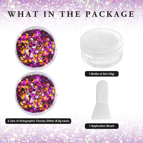 Black Orange Purple Mixed Holographic Chunky Glitter, 13g (2 Jars x 6.5g) Crafts Glitter Powder with 10g Gel and Brush, Halloween Iridescent Nail Sequins Face Eye Glitter Tumblers DIY Decorations