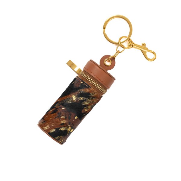 Cockatoo Nappa Leaeher Zipper Lipstick Case with Keyring Chapstick Holder Keychain (Bronzing/Brown)
