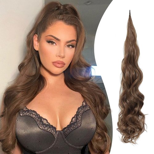 DORILA Ponytail Extension 32 Inch Flexible Wrap Around Ponytail Hair Extensions Long Curly Pony Tails Hair Extensions Wavy Hair Ponytails Hairpieces For Women Daily Use (8#,Brown)