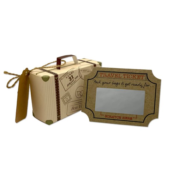 DIY Surprise Mini Suitcase & Mini Travel Ticket Scratch & Reveal Card Gift bundle (DIY). Perfect for Valentines, vacations, birthday, family trips away!