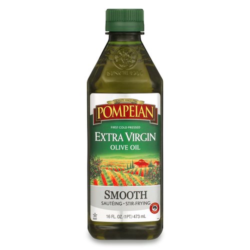 Pompeian Smooth Extra Virgin Olive Oil, First Cold Pressed, Mild and Delicate Flavor, Perfect for Sauteing and Stir-Frying, Naturally Gluten Free, Non-Allergenic, Non-GMO, 16 FL. OZ., Single Bottle