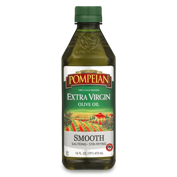 Pompeian Smooth Extra Virgin Olive Oil, First Cold Pressed, Mild and Delicate Flavor, Perfect for Sauteing and Stir-Frying, Naturally Gluten Free, Non-Allergenic, Non-GMO, 16 FL. OZ., Single Bottle