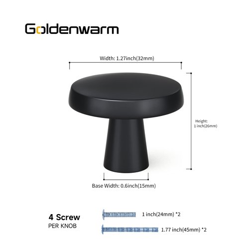 goldenwarm 5 Pack Matte Black Cabinet Knob Kitchen Closet Door Knobs Round Black Black Matte Cabinet Knobs and Pulls Closet Door Knobs for Bifold Closet Doors,1.27 Inch