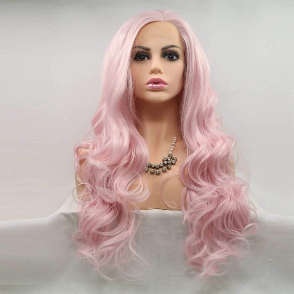 xiweiya Pink Wig Long Body Wave Light Pink Synthetic Lace Front Wig Heat Resistant Fiber Hair Wig Middle Part Cosplay Wig 24inch