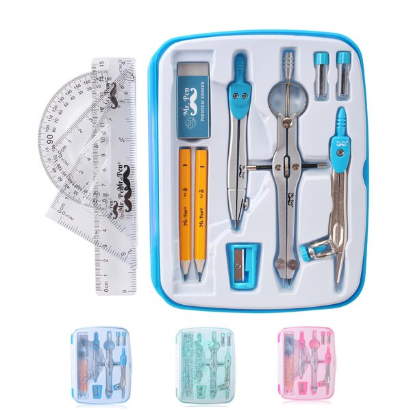 Mr. Pen 13 Piece Geometry Set with Shatterproof Storage Box, Blue