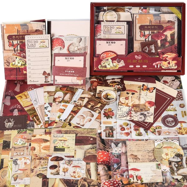 Scrapbooking Supplies Kit, Vintage Aesthetic Scrapbook Kit, Junk Journal Supplies with Scrapbooking Paper A6 Grid Notebook, Journaling Supplies, Birthday Craft Gift for Adult Teen Girl Kid, Mushroom