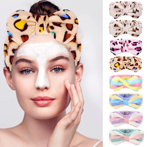 CHNLML Women Spa Headband Sponge,6PCS Bow Face Wash Headband and Wristband Set, Makeup Headband, Spa Headband,Makeup Headband, Skincare Headbands (6PCS-Colorful leopard+PWP stripes)