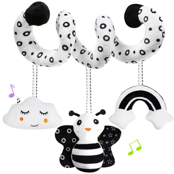 UCDOET Car Seat Toys, Spiral Stroller and Carseat Hanging Toys for Babies 0-6 Months, Black and White High Contrast Baby Toys for Newborn 0-3 Months, Crib/Bassinetr Infant Toys (Bee)